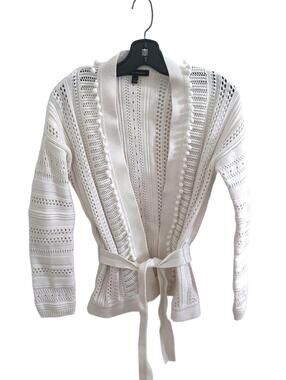 Banana Republic Women Ivory Open Knit Belted Cardigan Pom Pom Cotton Blend- S